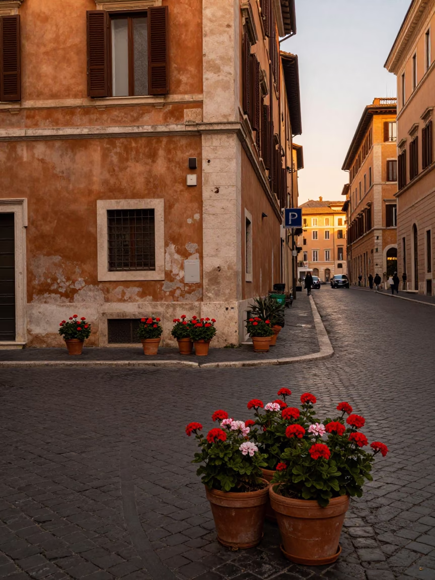 Rome Italy Evening Street Scene with Potted Geraniums and Historic Architecture in in Rome, Italy