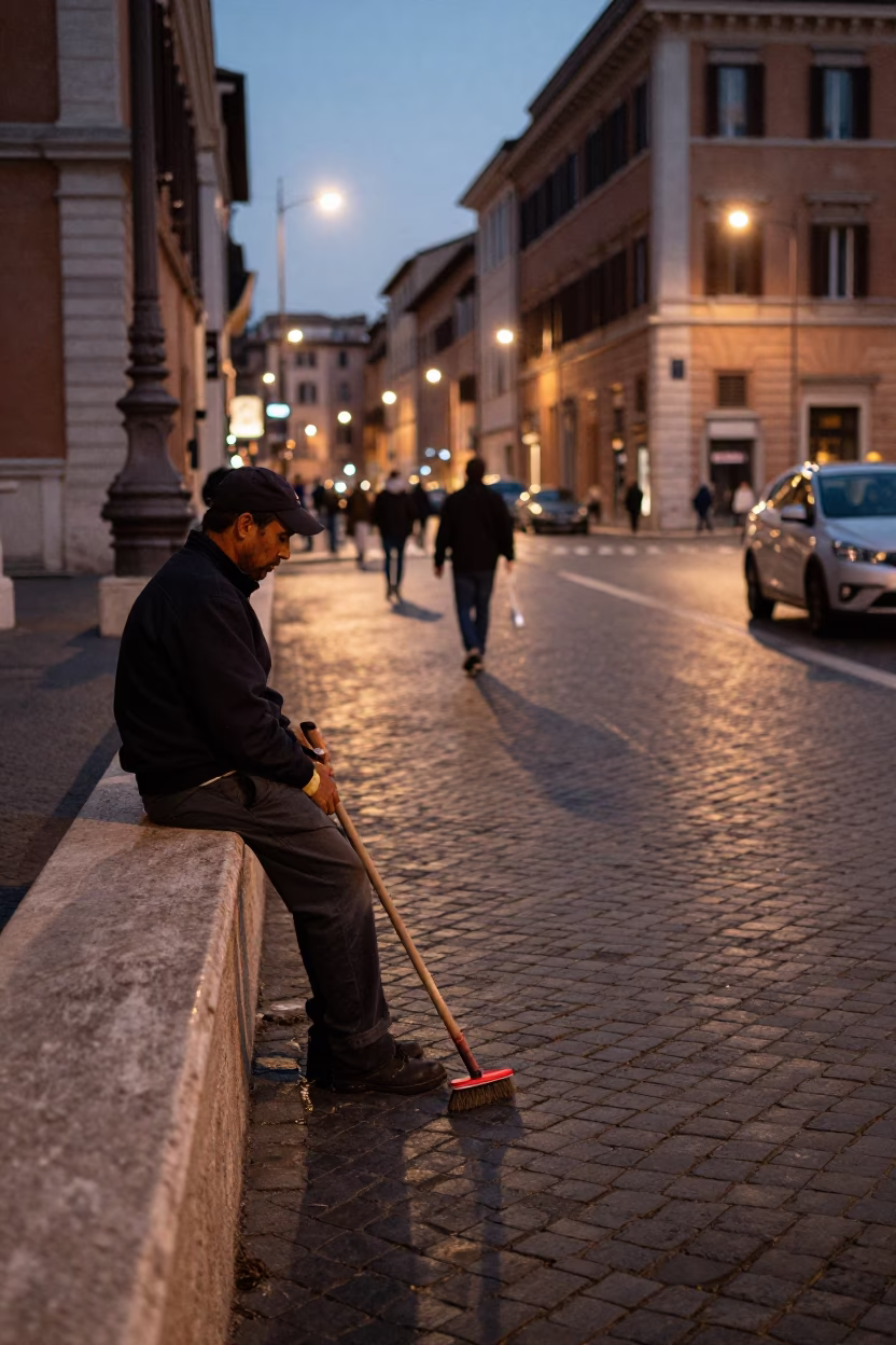Rome Italy Evening Street Scene with Shoe Brush and Cobblestone Details in in Rome, Italy