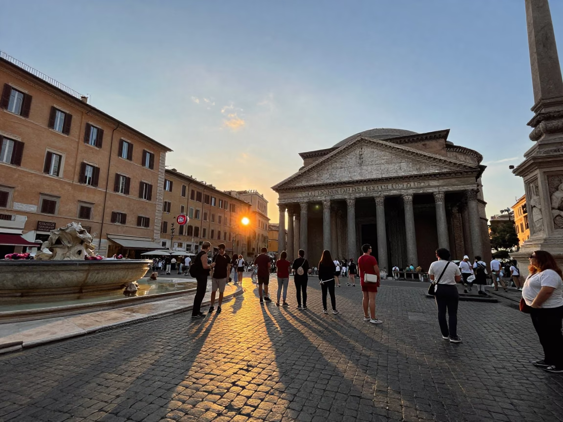 Rome Italy Evening Street Scene with Tourists and Historic Architecture at Sunset in in Rome, Italy