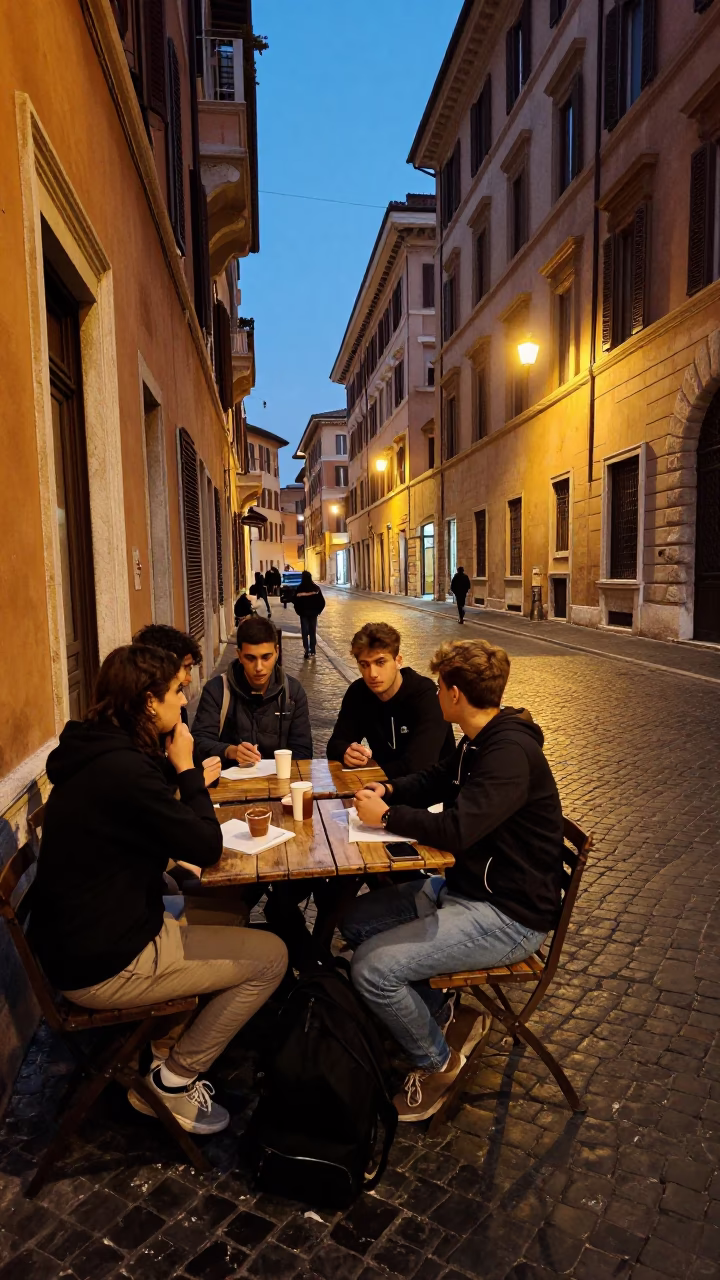 Rome Italy Evening Street Scene with University Students and Vintage Details in in Rome, Italy