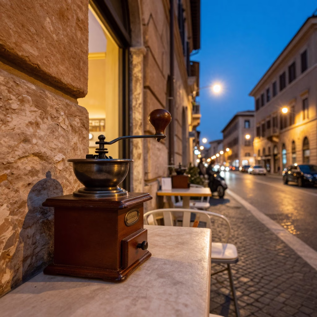 Rome Italy Evening Street Scene with Vintage Coffee Grinder and Sketchbook on Cafe Counter in in Rome, Italy