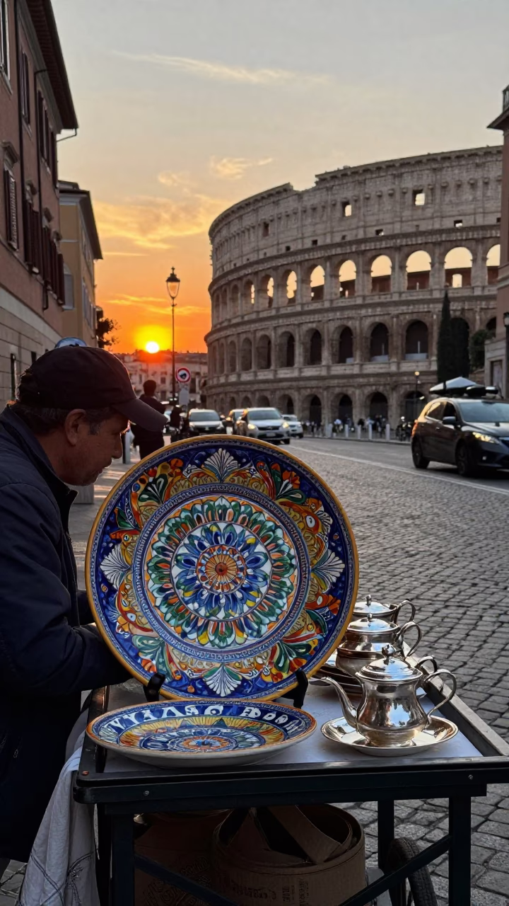 Rome Italy Evening Street Scene with Vintage Majolica Plate and Tea Kettle in in Rome, Italy