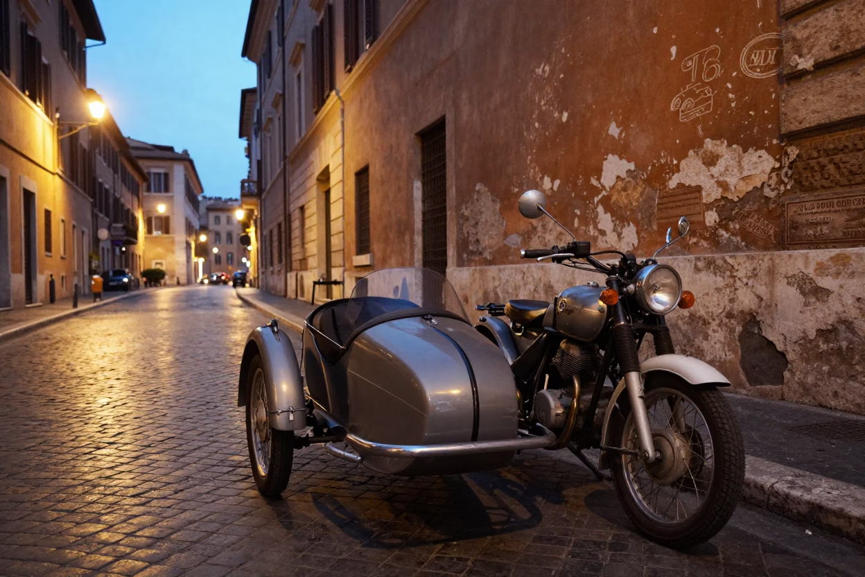 Rome Italy Evening Street Scene with Vintage Motorcycle and Sidecar Near Historic Architecture in in Rome, Italy