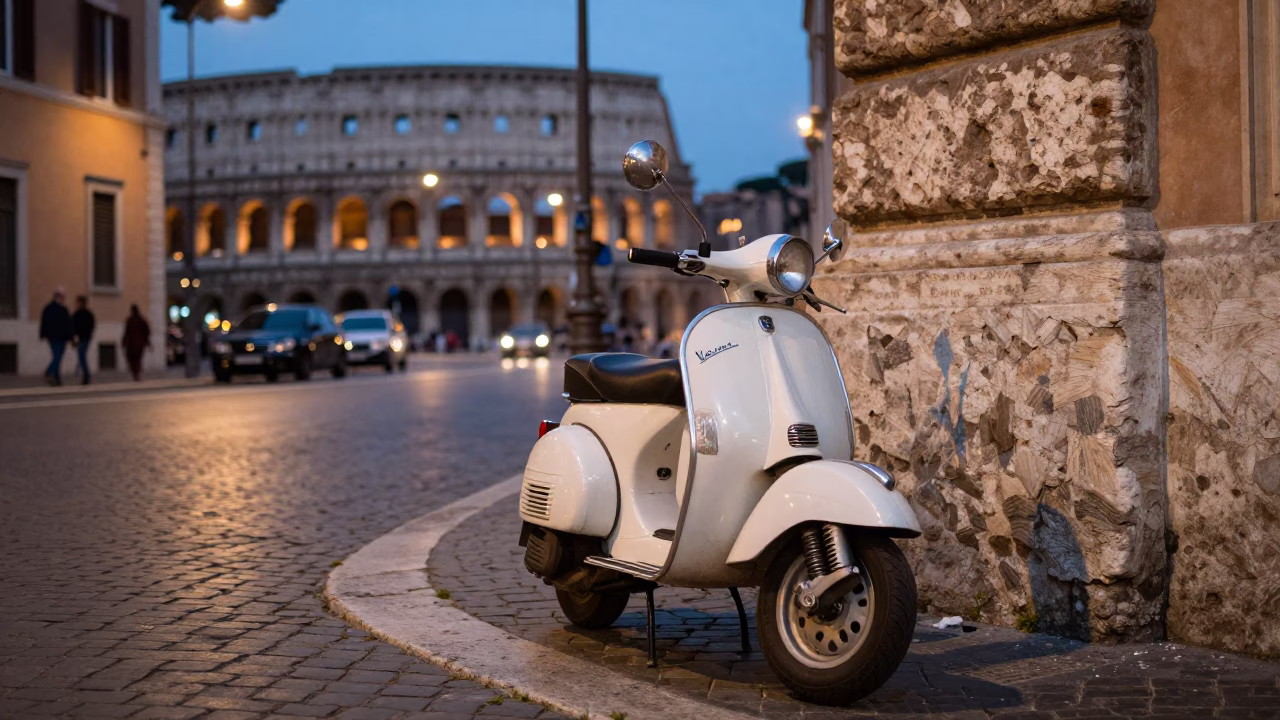 Rome Italy evening street scene with vintage scooter and historic architecture in in Rome, Italy
