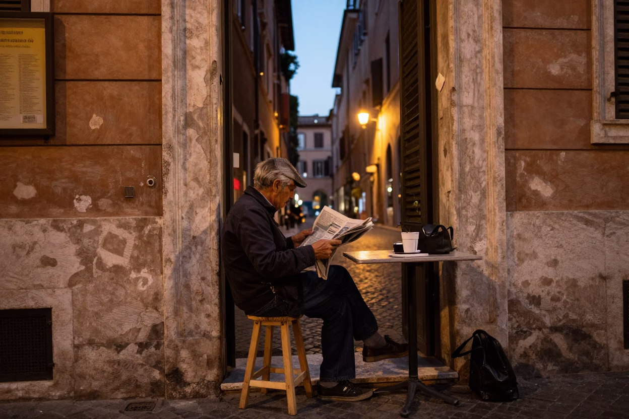 Rome Italy Evening Street Scene with Work Stool and Table Lamps in Traditional Cafe in in Rome, Italy