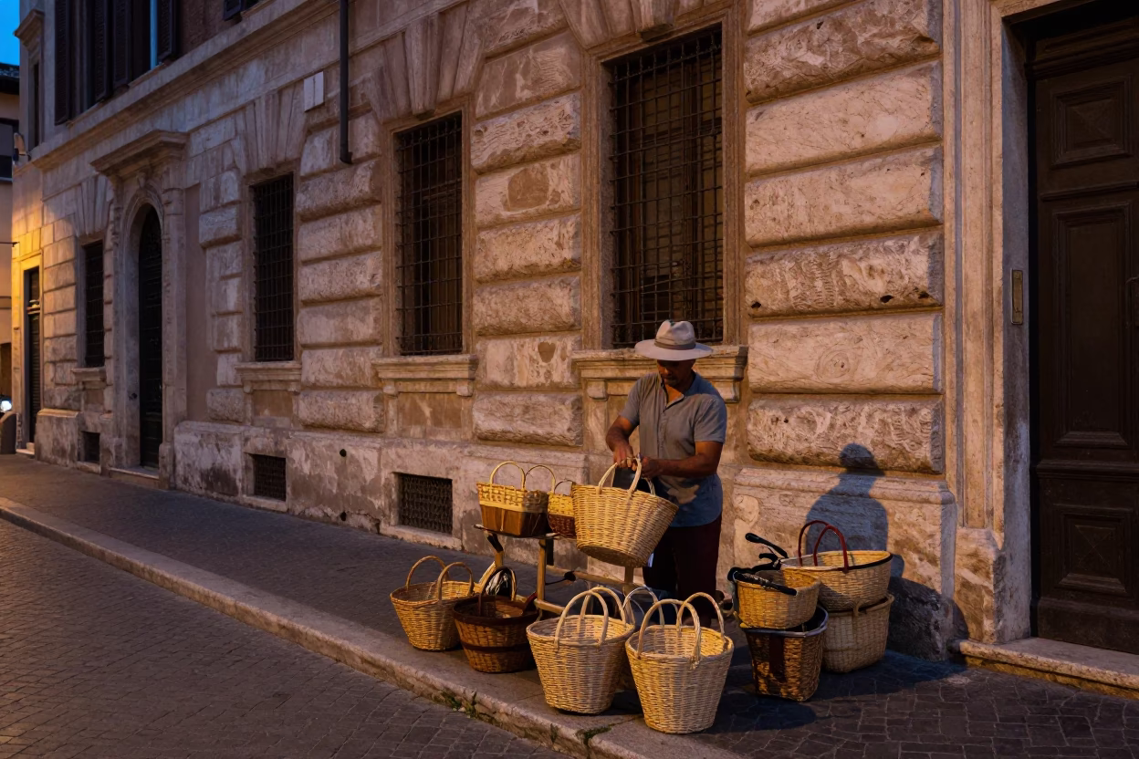 Rome Italy Evening Street Scene with Woven Baskets and Local Market Activity in in Rome, Italy