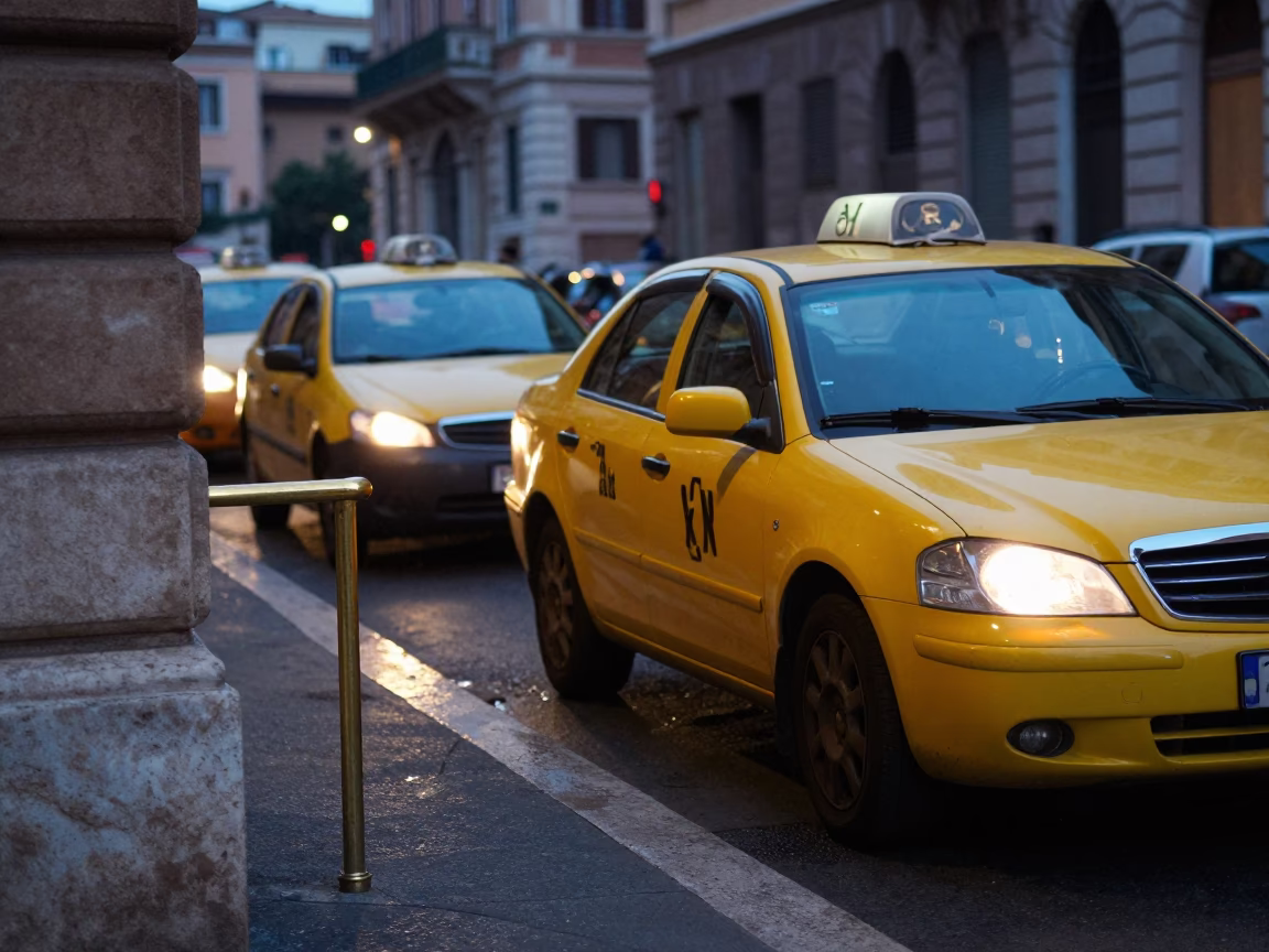 Rome Italy Evening Street Scene with Yellow Taxi and Brass Rail in in Rome, Italy