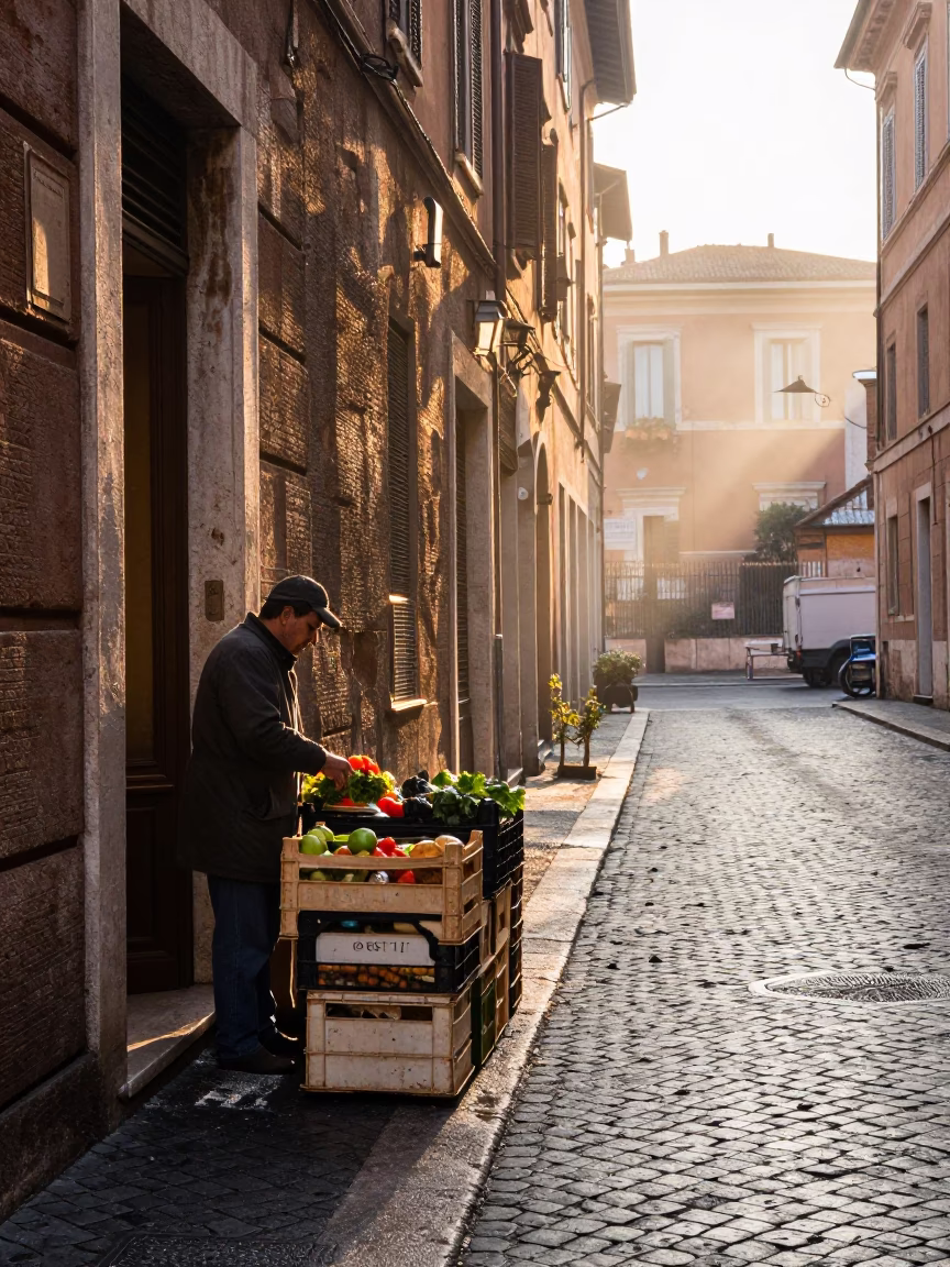 Rome Italy First Light Dawn Street Scene with Condensation and Urban Details in in Rome, Italy