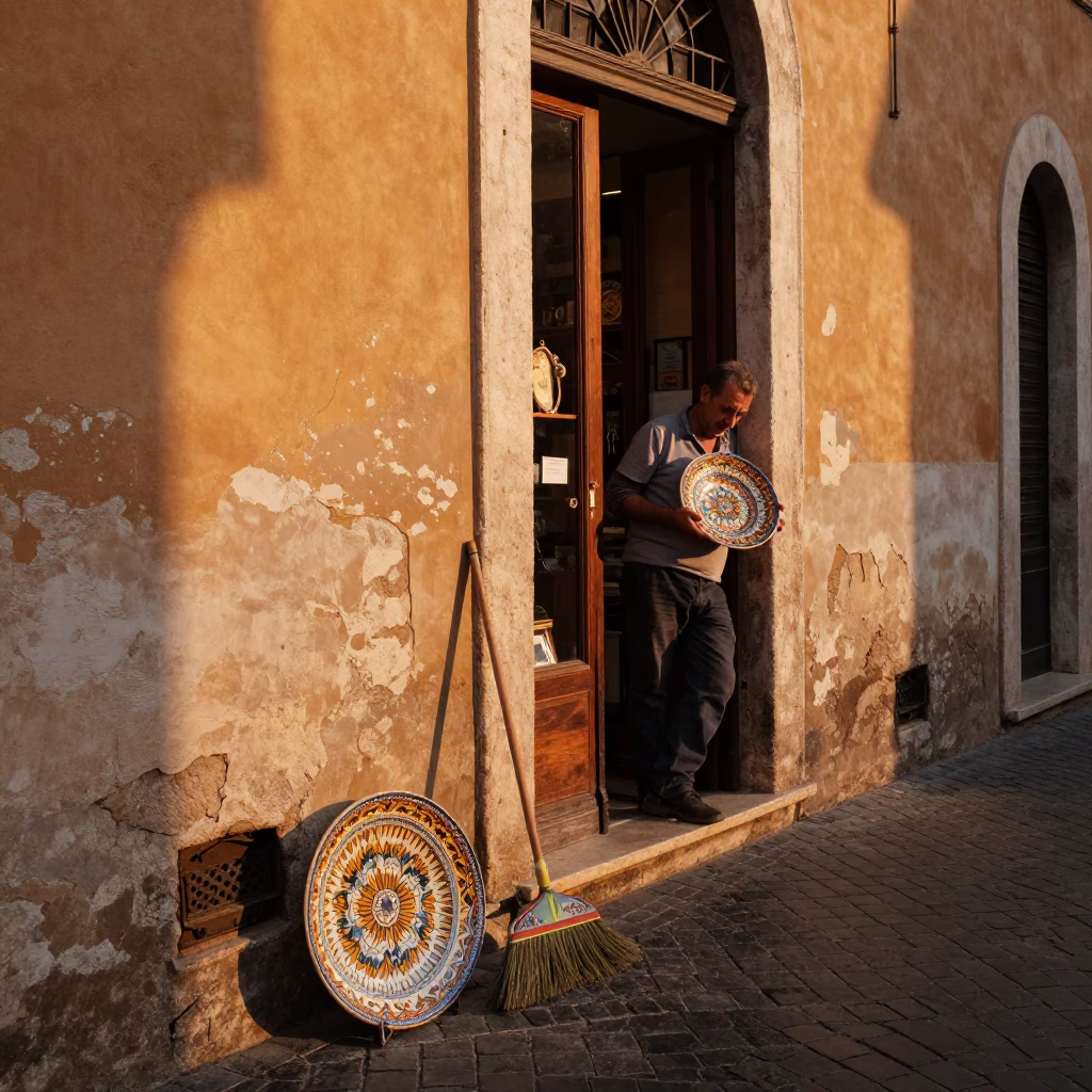 Rome Italy Golden Hour Street Scene Vintage Majolica Plate and Broom in Historic Piazza in in Rome, Italy