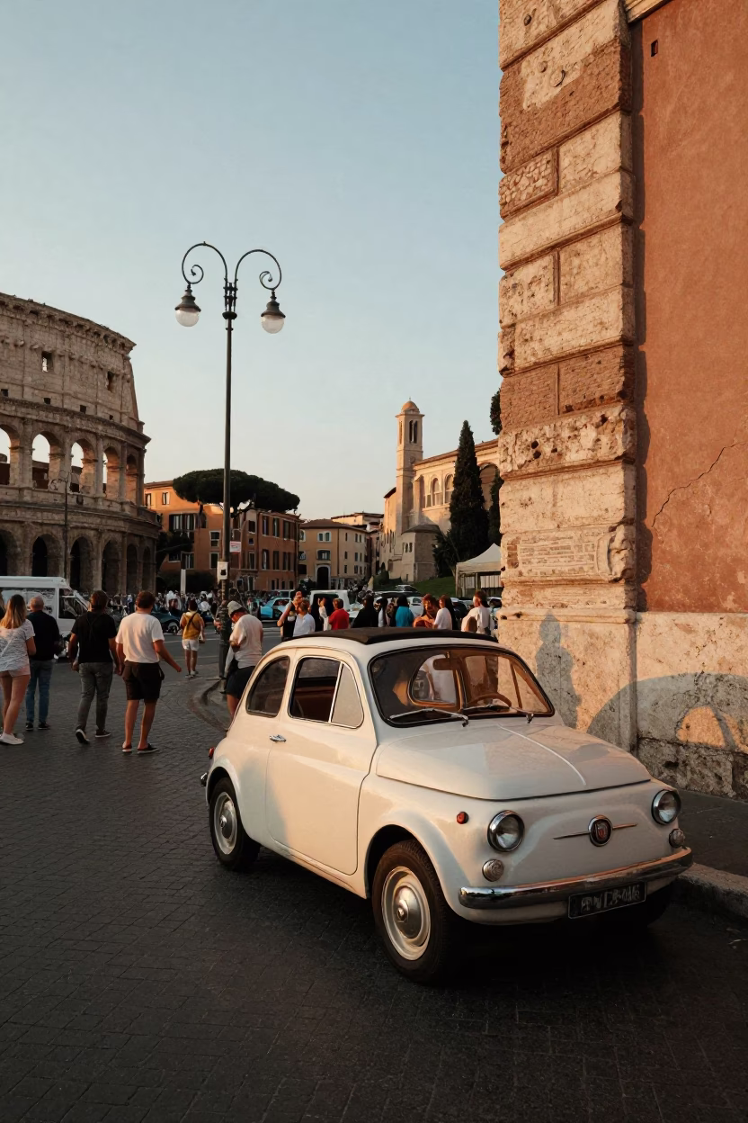 Rome Italy Golden Hour Street Scene with Vintage Car and Tourist Activity in in Rome, Italy