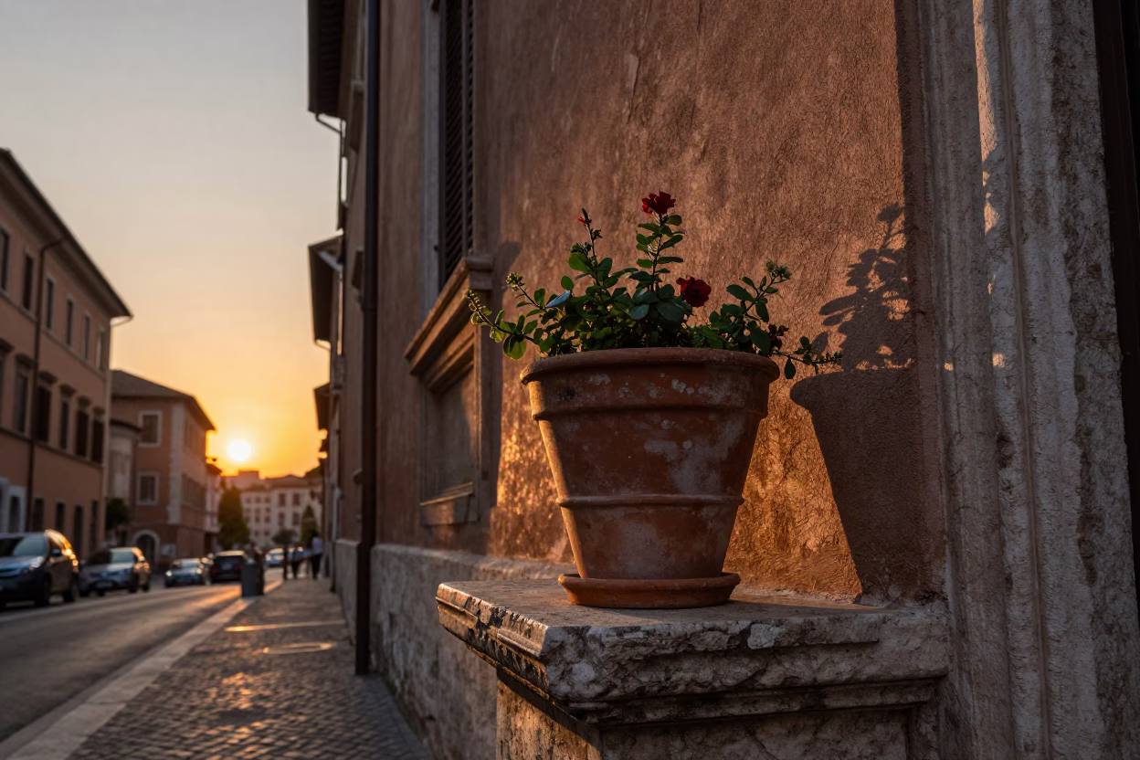 Rome Italy Historic Street Corner with Flowerpot at Sunset in in Rome, Italy