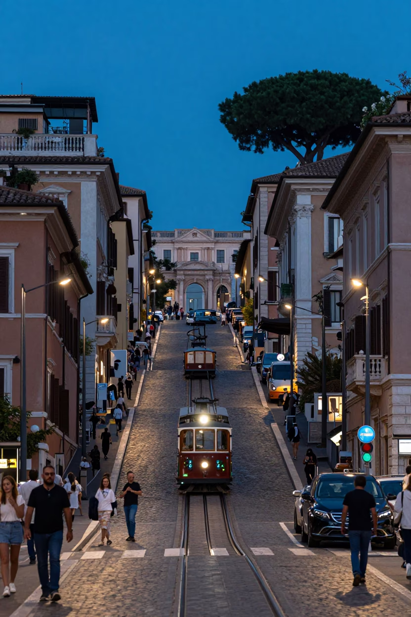 Rome Italy Indigo Twilight Funicular Climb Street Scene in in Rome, Italy