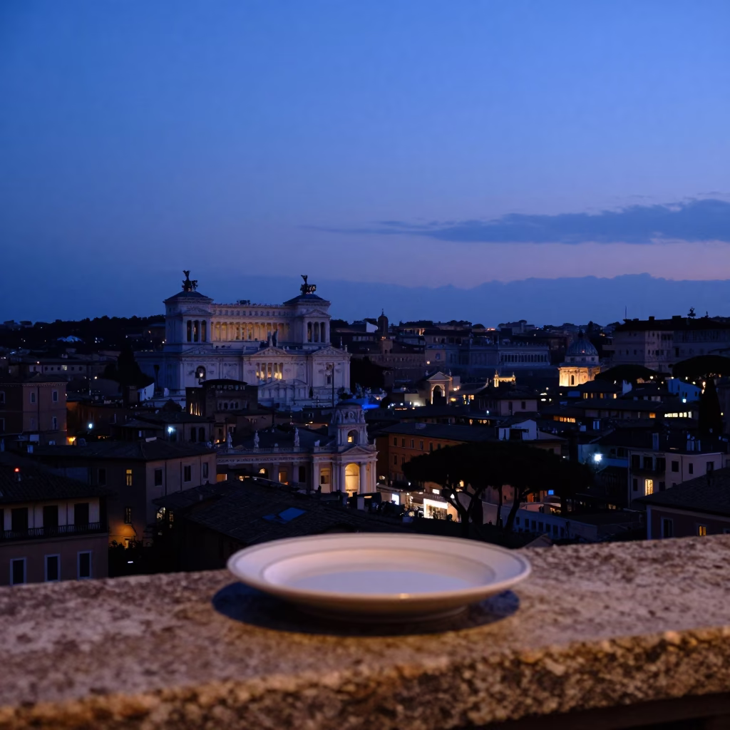 Rome Italy indigo twilight horizon view from terrace overlooking historic rooftops and distant dome in in Rome, Italy