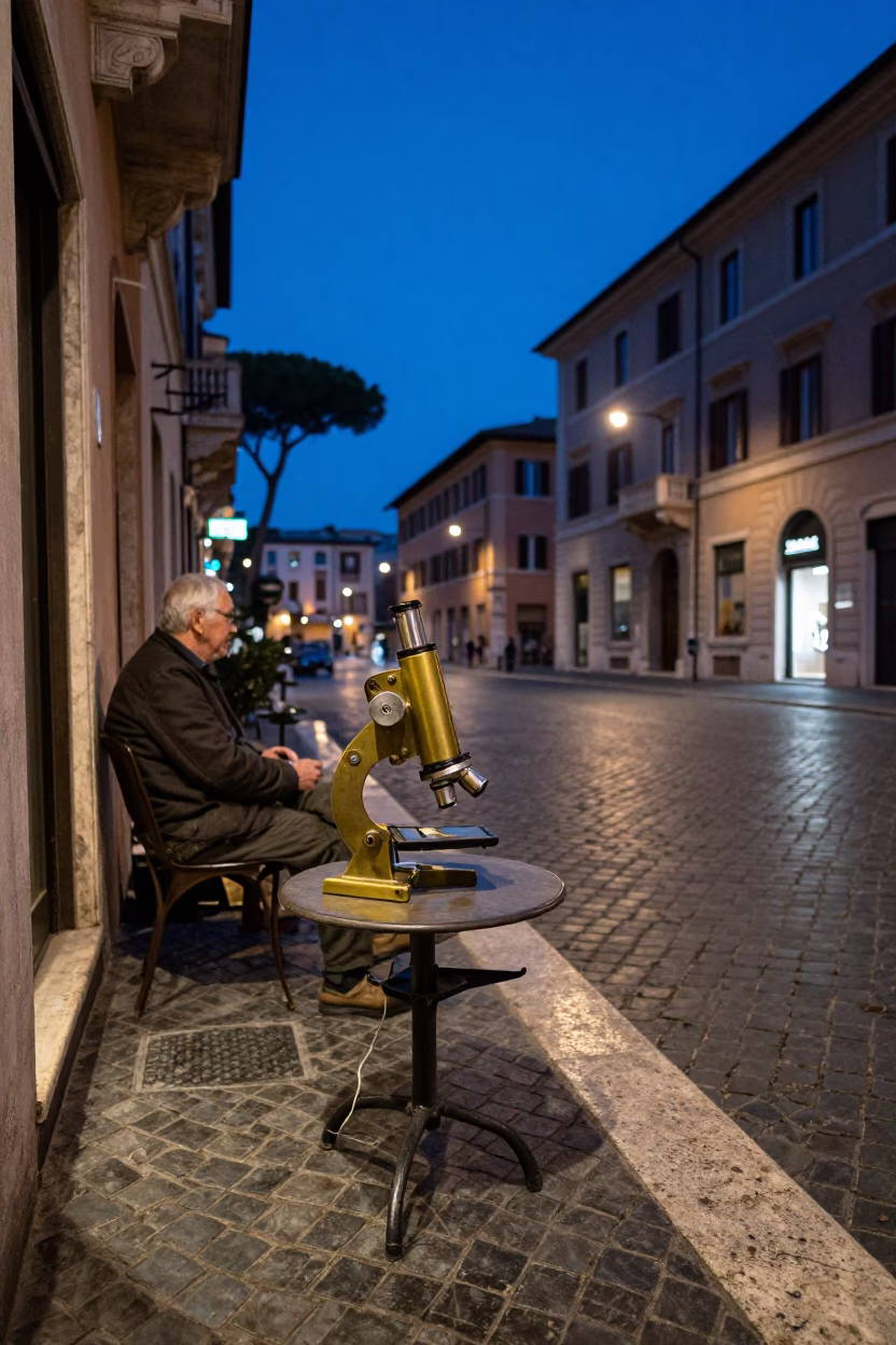 Rome Italy indigo twilight street scene with antique brass microscope on table in in Rome, Italy
