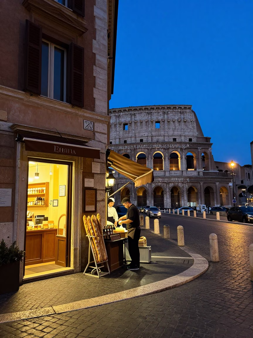 Rome Italy Indigo Twilight Street Scene with Baguettes and Historic Architecture in in Rome, Italy