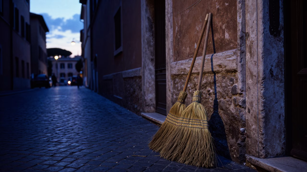 Rome Italy indigo twilight street scene with brooms and rattan stool near historic building in in Rome, Italy
