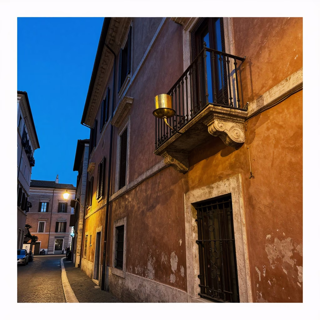 Rome Italy indigo twilight street scene with candle holder on historic balcony in in Rome, Italy
