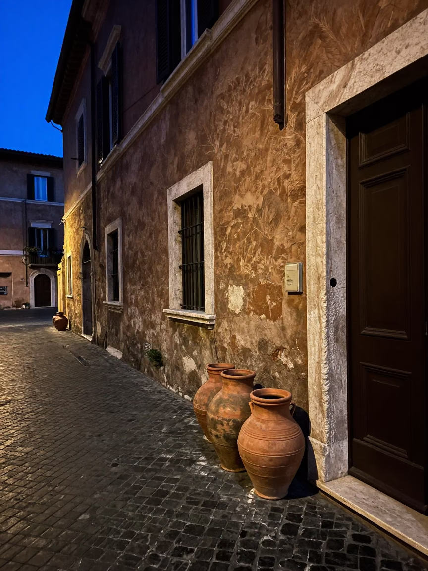 Rome Italy indigo twilight street scene with clay pots and local interaction in in Rome, Italy
