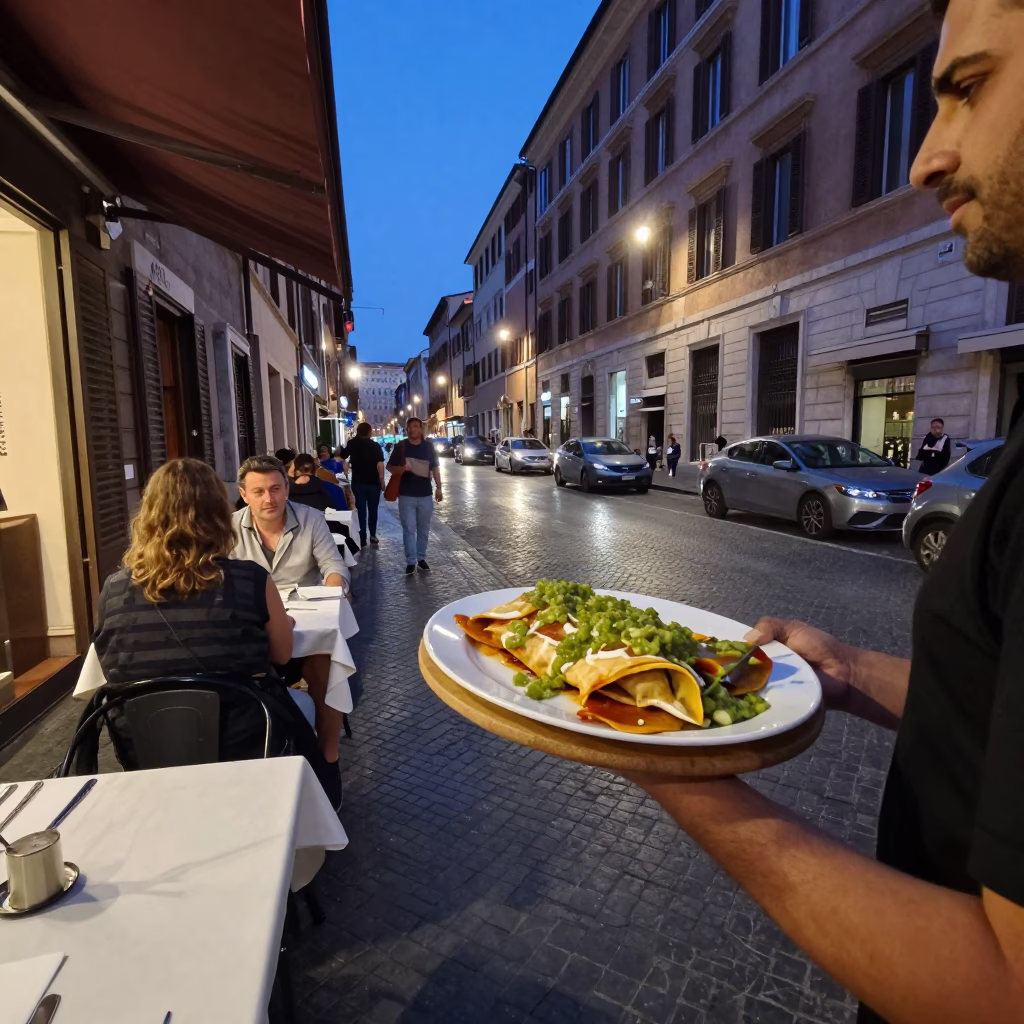 Rome Italy Indigo Twilight Street Scene with Local Dining Elements in in Rome, Italy