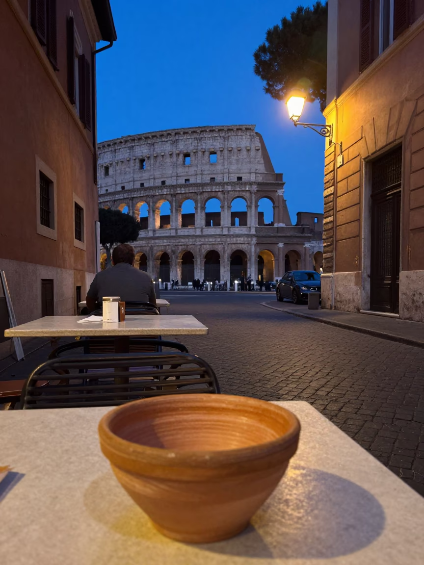 Rome Italy Indigo Twilight Street Scene with Terracotta Bowl and Rusty Basin Elements in in Rome, Italy