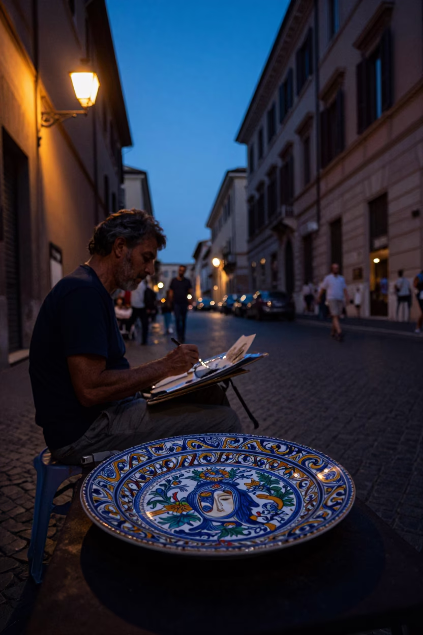 Rome Italy indigo twilight street scene with vintage majolica plate and sketchbook in in Rome, Italy