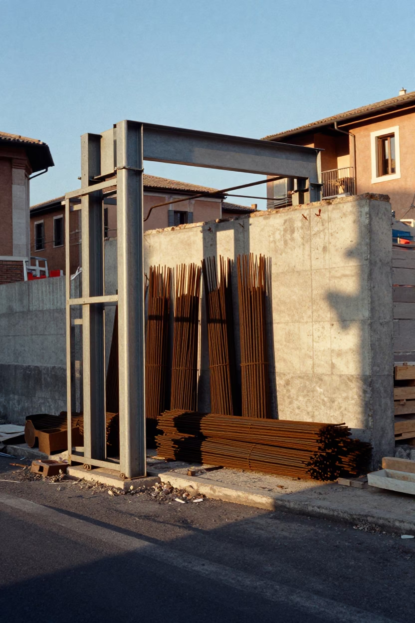 Rome Italy Late Afternoon Street Scene Construction Elevator Gate and Rebar Bundles in in Rome, Italy
