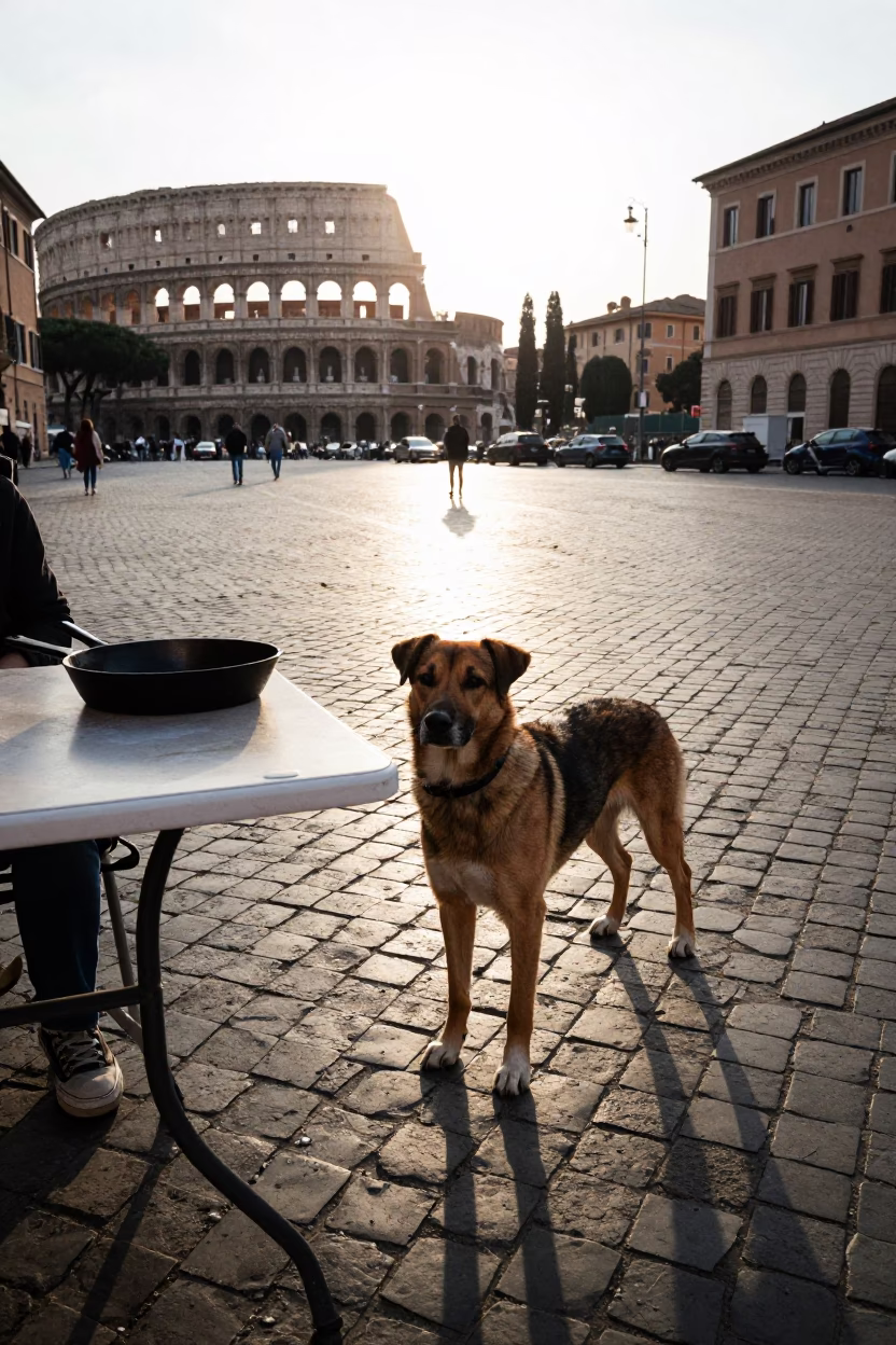 Rome Italy Late Afternoon Street Scene with Drentsche Patrijshond and Skillet in in Rome, Italy