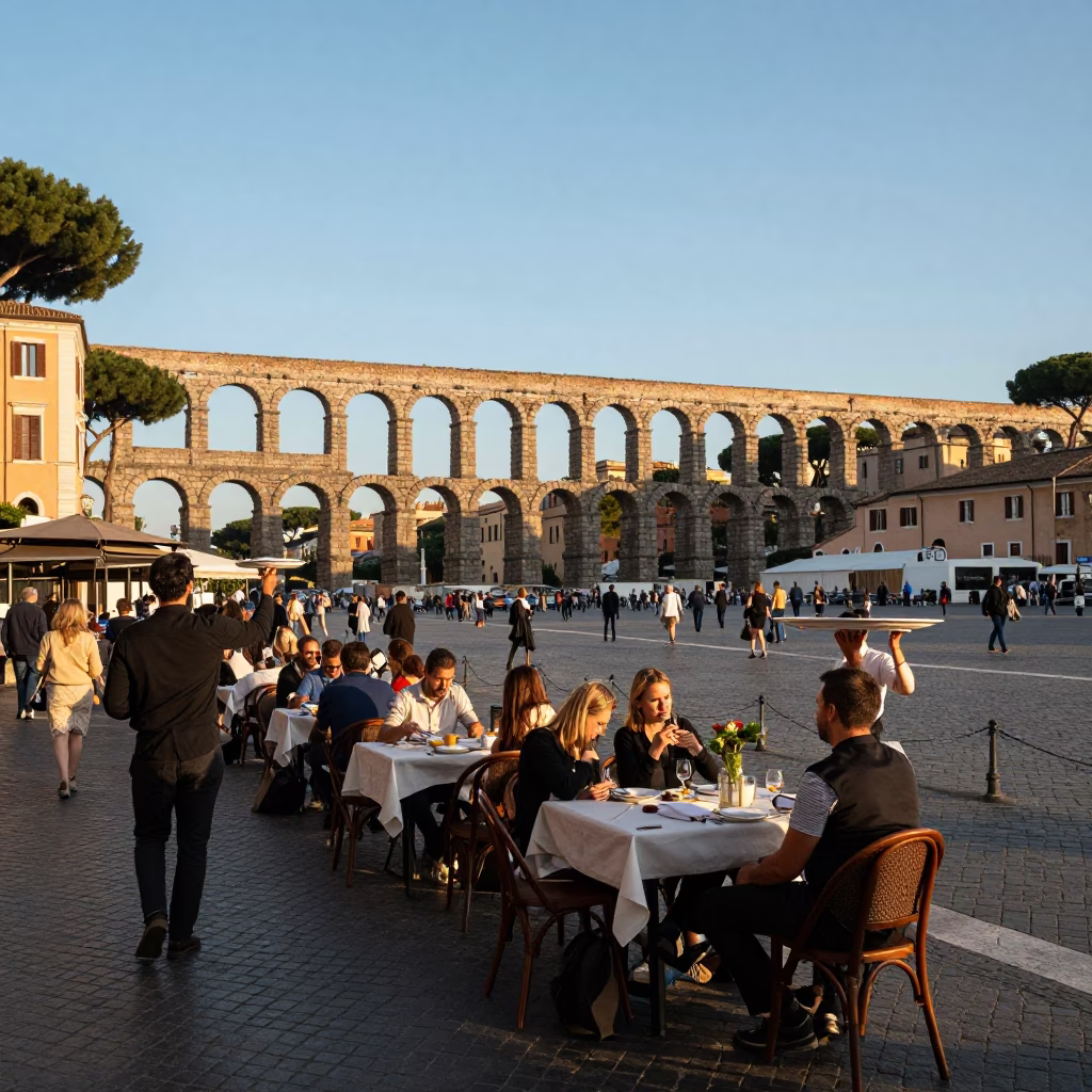 Rome Italy Late Afternoon Street Scene with Local Dining and Aqueduct in in Rome, Italy