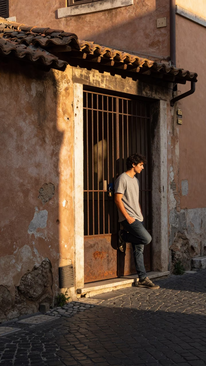 Rome Italy Late Afternoon Street Scene with Padlock on Rusty Gate and Local Life in in Rome, Italy