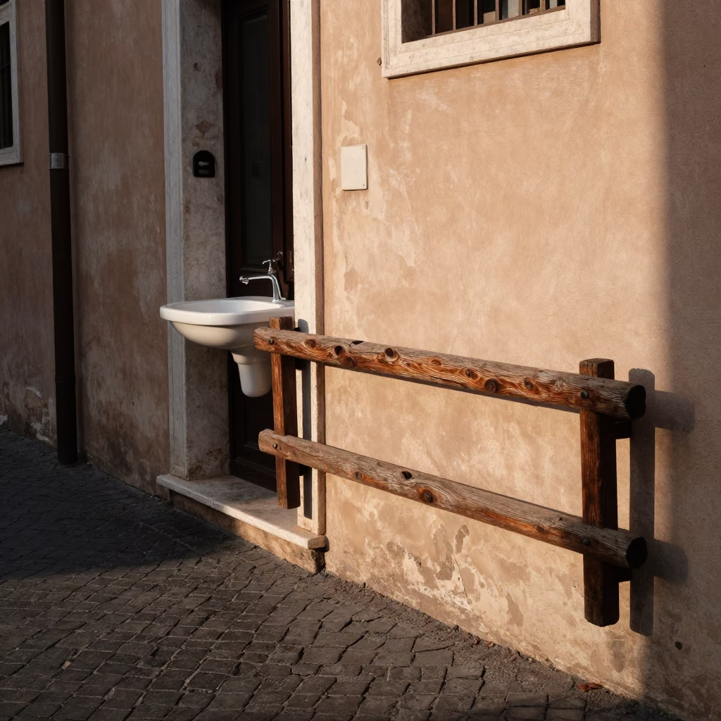 Rome Italy Late Afternoon Street Scene with Peg Rail and Wash Basin in in Rome, Italy