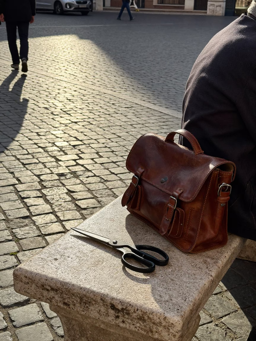 Rome Italy Late Afternoon Street Scene with Sewing Scissors and Mesh Colander in in Rome, Italy