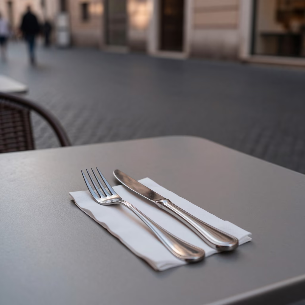 Rome Italy Late Afternoon Street Scene with Traditional Cutlery and Local Dining Elements in in Rome, Italy