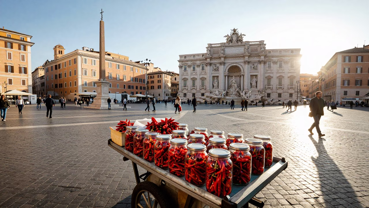 Rome Italy Late Afternoon Street Scene with Vendor Cart and Spicy Red Pepper Jars in in Rome, Italy