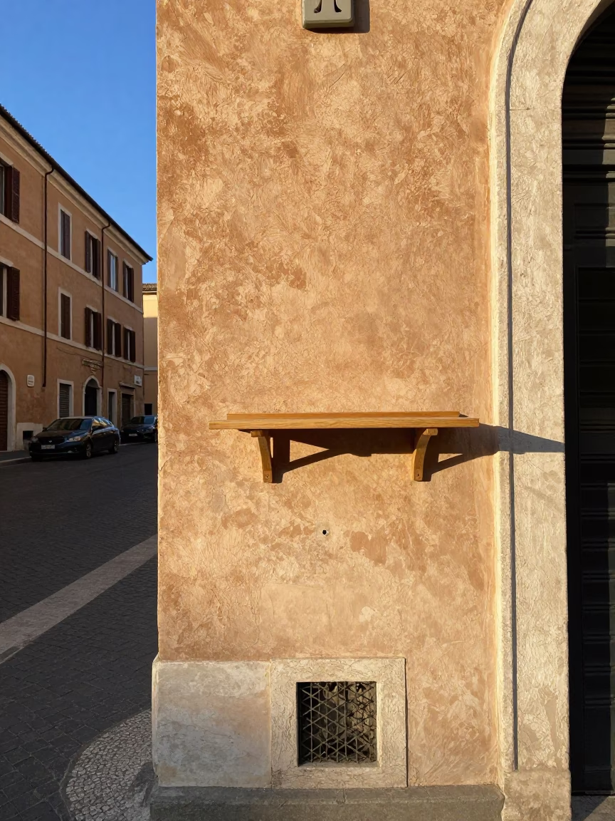 Rome Italy Late Afternoon Street Scene with Wall Shelf and Leaf Shadows in in Rome, Italy
