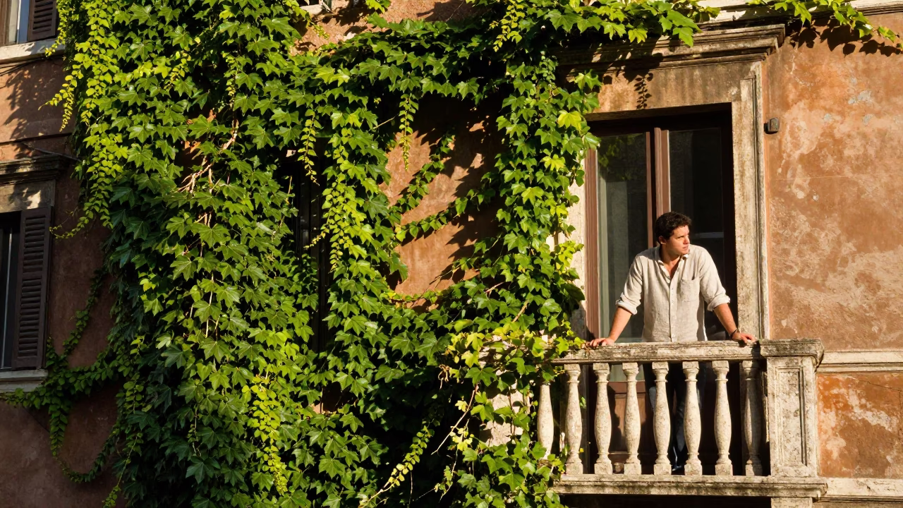 Rome Italy Late Morning Street Scene with Ivy Vines and Glass Jar on Balcony in in Rome, Italy