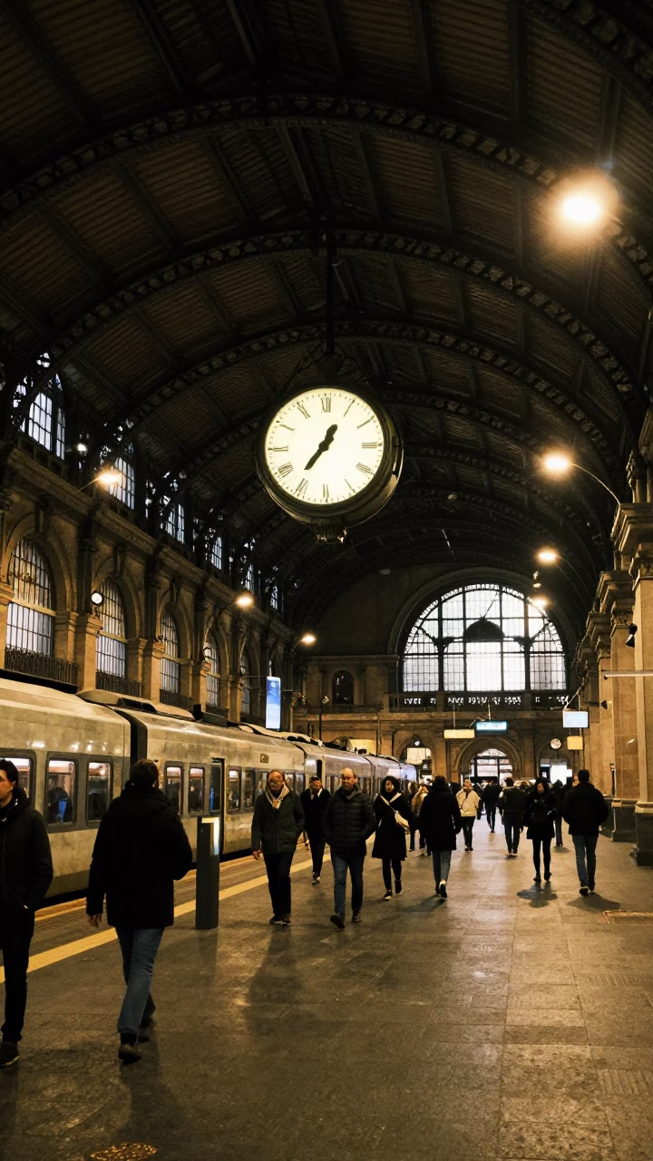 Rome Italy Late Night Street Scene with Train Station Clock Under Iron Roof in in Rome, Italy