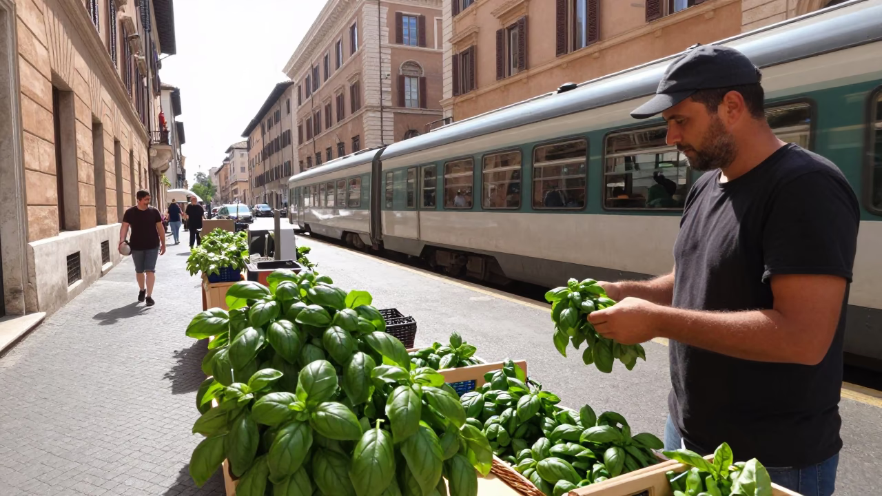 Rome Italy Midmorning Street Scene with Basil Leaves and Train Station Clock in in Rome, Italy