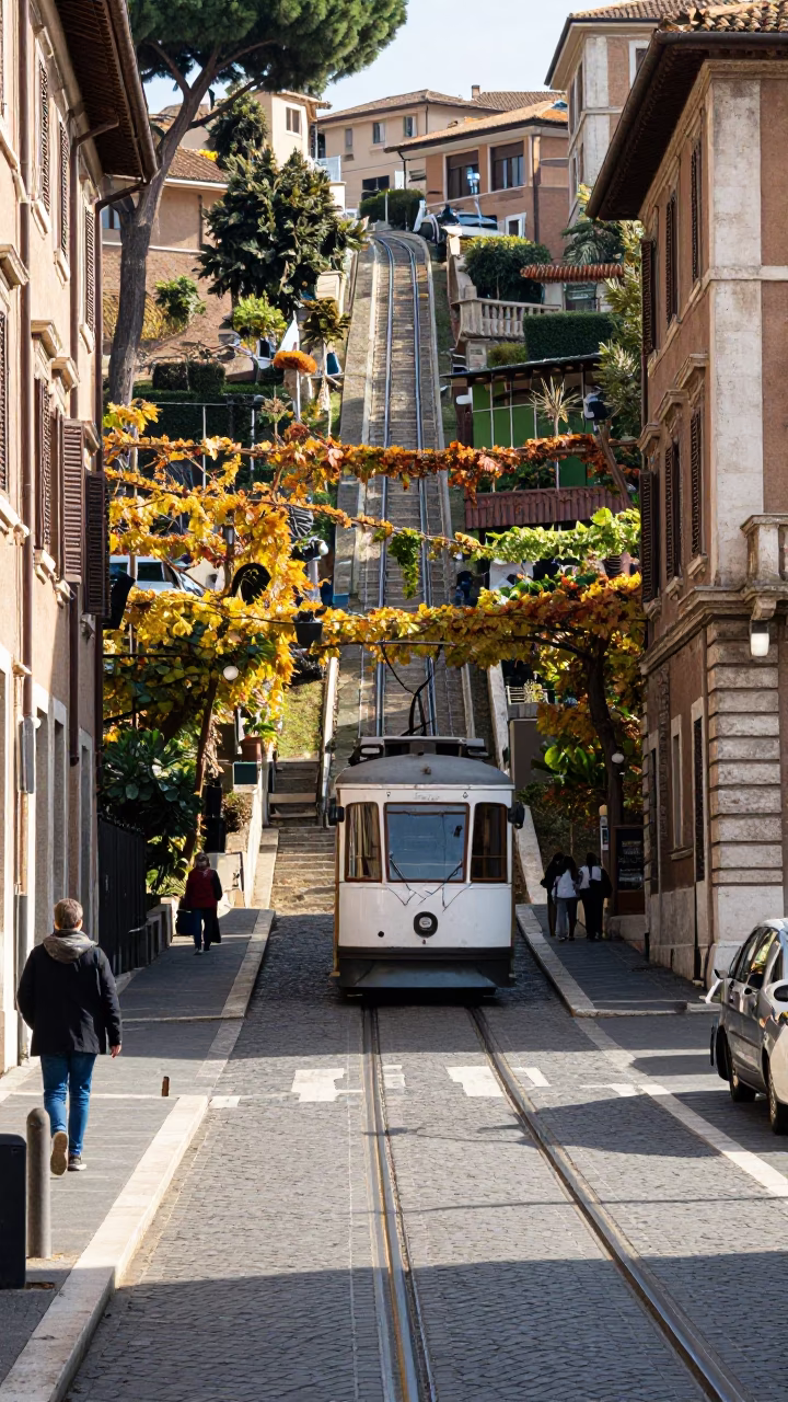 Rome Italy Midmorning Street Scene with Funicular and Local Life in in Rome, Italy