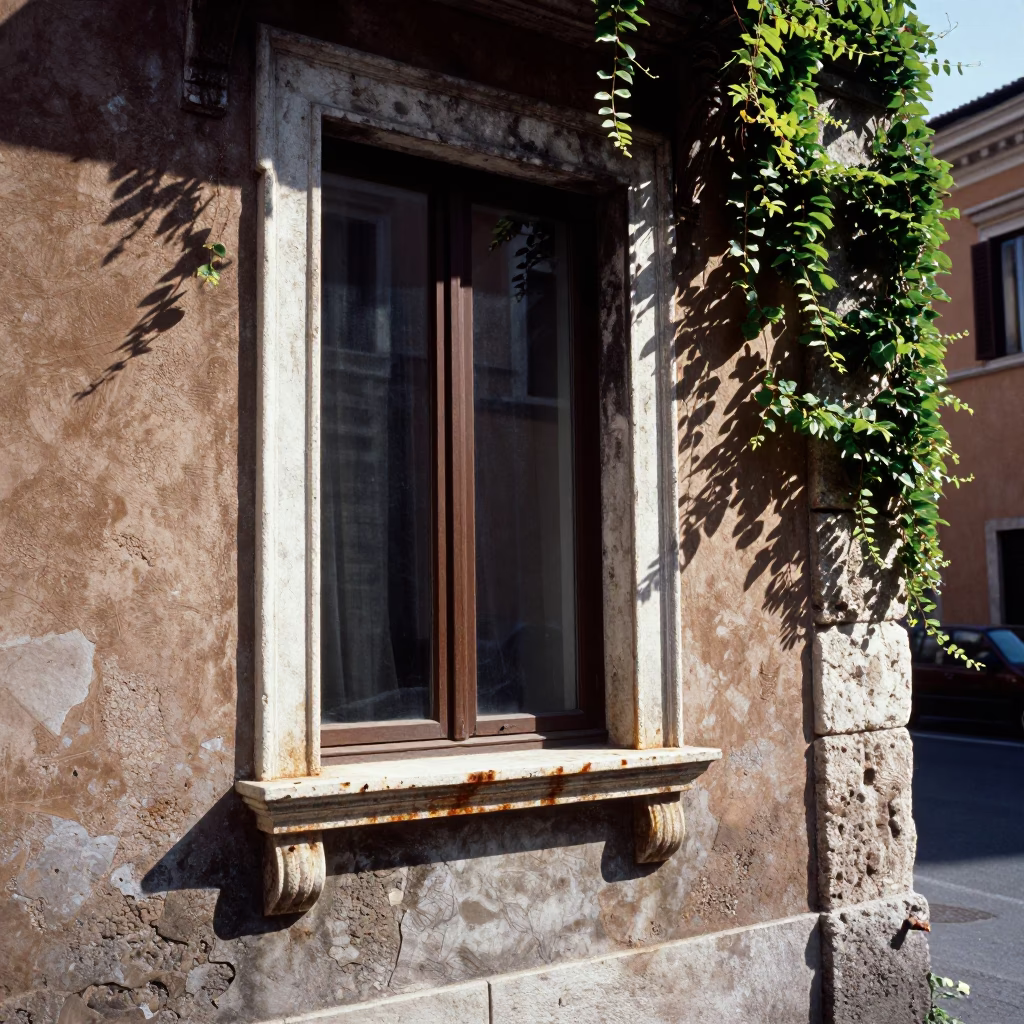 Rome Italy Midmorning Street Scene with Rusty Window Sill and Climbing Clematis Vine in in Rome, Italy