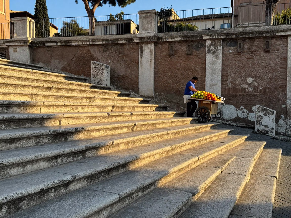 Rome Italy Morning Light on Ancient Stone Steps with Local Breakfast and Cityscape View in in Rome, Italy