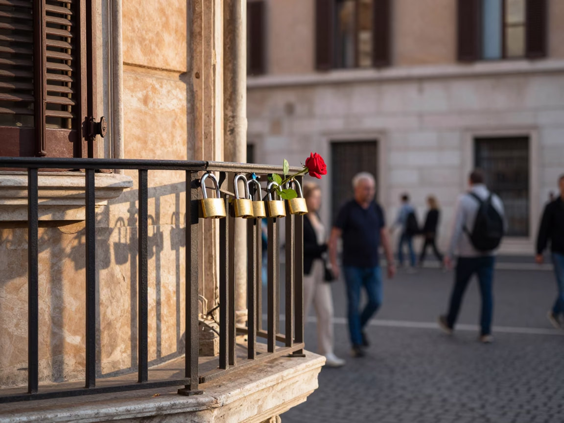 Rome Italy Morning Street Scene with Red Rose and Padlock in in Rome, Italy