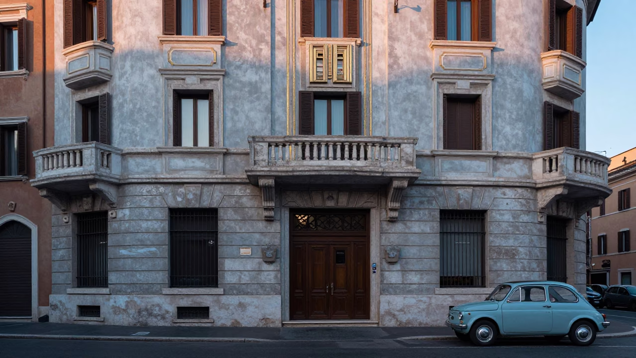 Rome Italy Nautical Dawn Art Deco Hotel Facade and Street Scene in in Rome, Italy