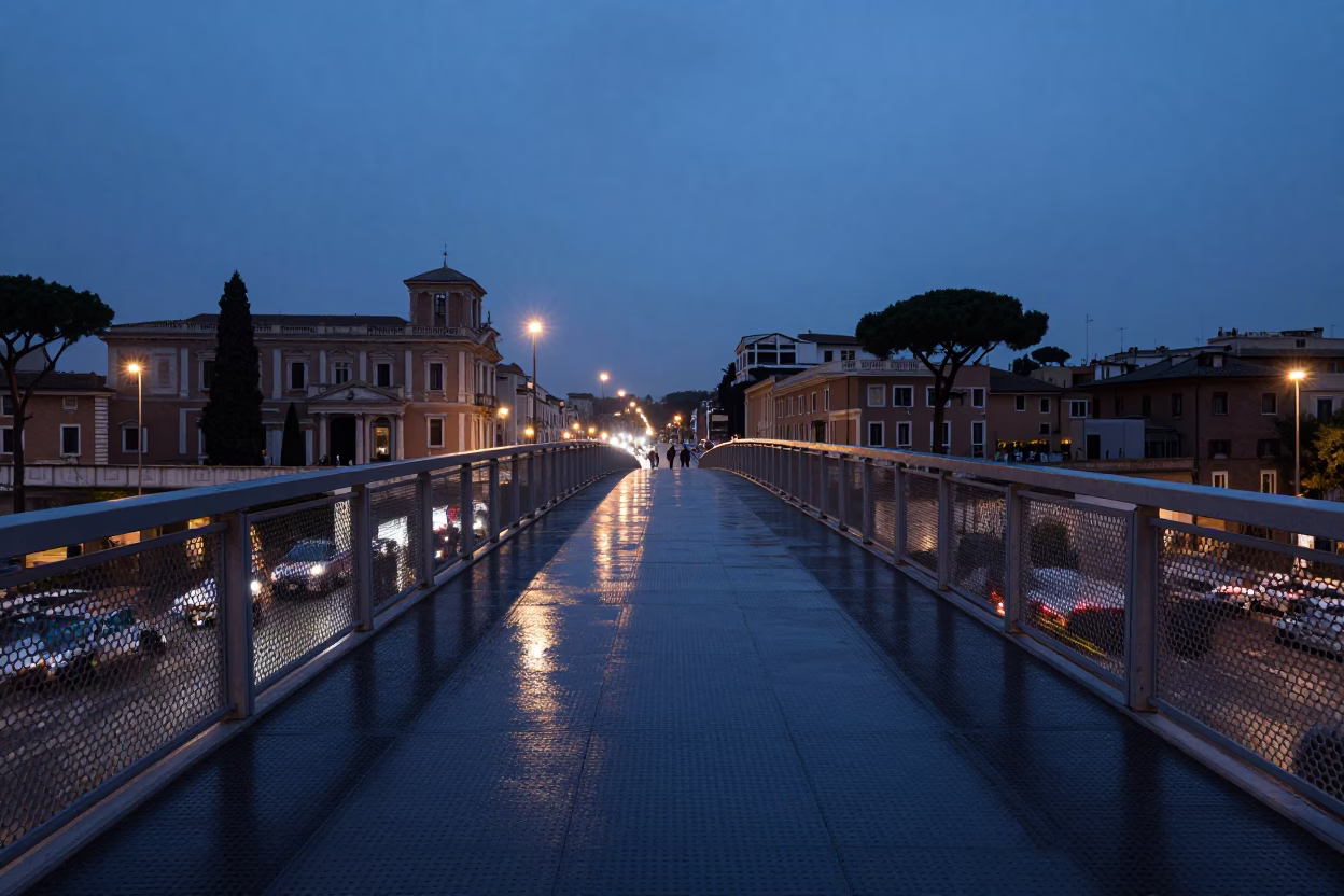 Rome Italy Nautical Dawn Pedestrian Overpass Perforated Metal Wet Footsteps in in Rome, Italy