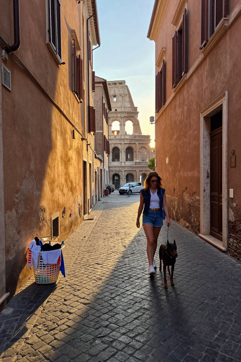 Rome Italy Nautical Dawn Street Scene with Laundry Basket and German Pinscher in in Rome, Italy