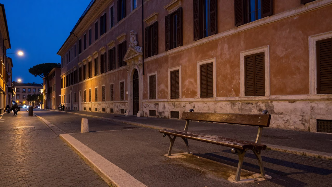 Rome Italy Nautical Dawn Street Scene with Park Bench and Local Architecture in in Rome, Italy