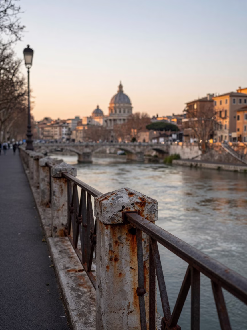 Rome Italy Nautical Dawn Street Scene with Rusty Metal and Pocket Sundial in in Rome, Italy