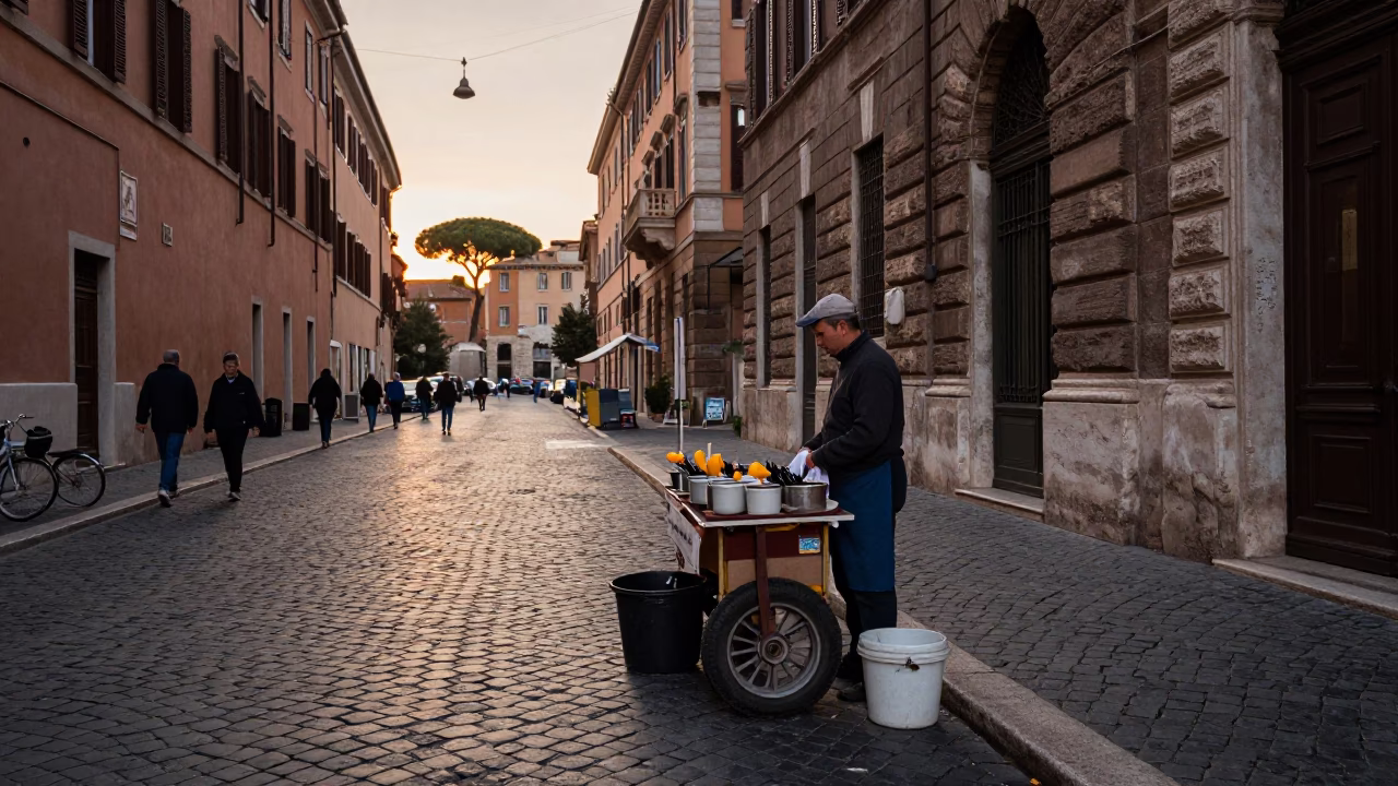 Rome Italy Nautical Dawn Street Scene with Utensil Crock and Cobblestones in in Rome, Italy