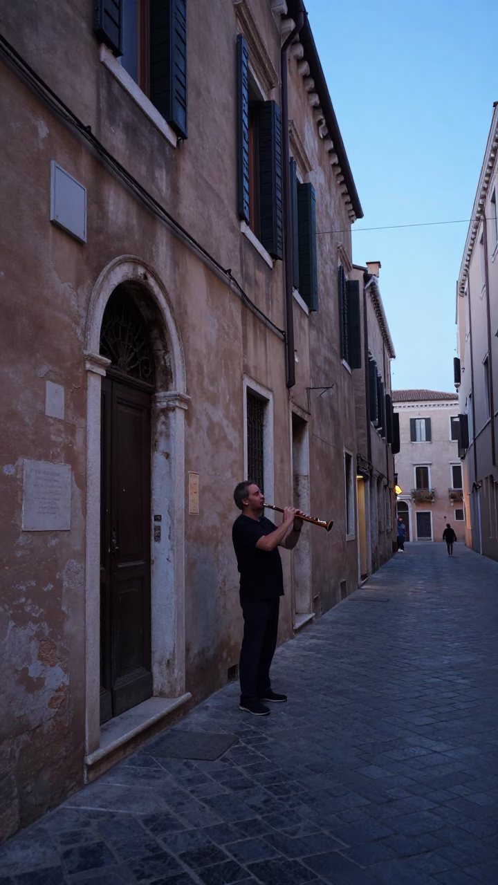 Rome Italy Nautical Dawn Street Scene with Wooden Flute Player in in Rome, Italy