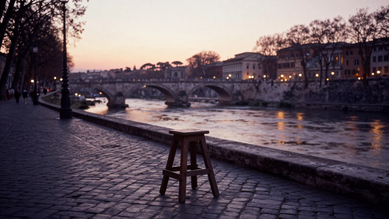 Rome Italy Nautical Dawn Street Scene with Work Stool and Bridge Pier in in Rome, Italy
