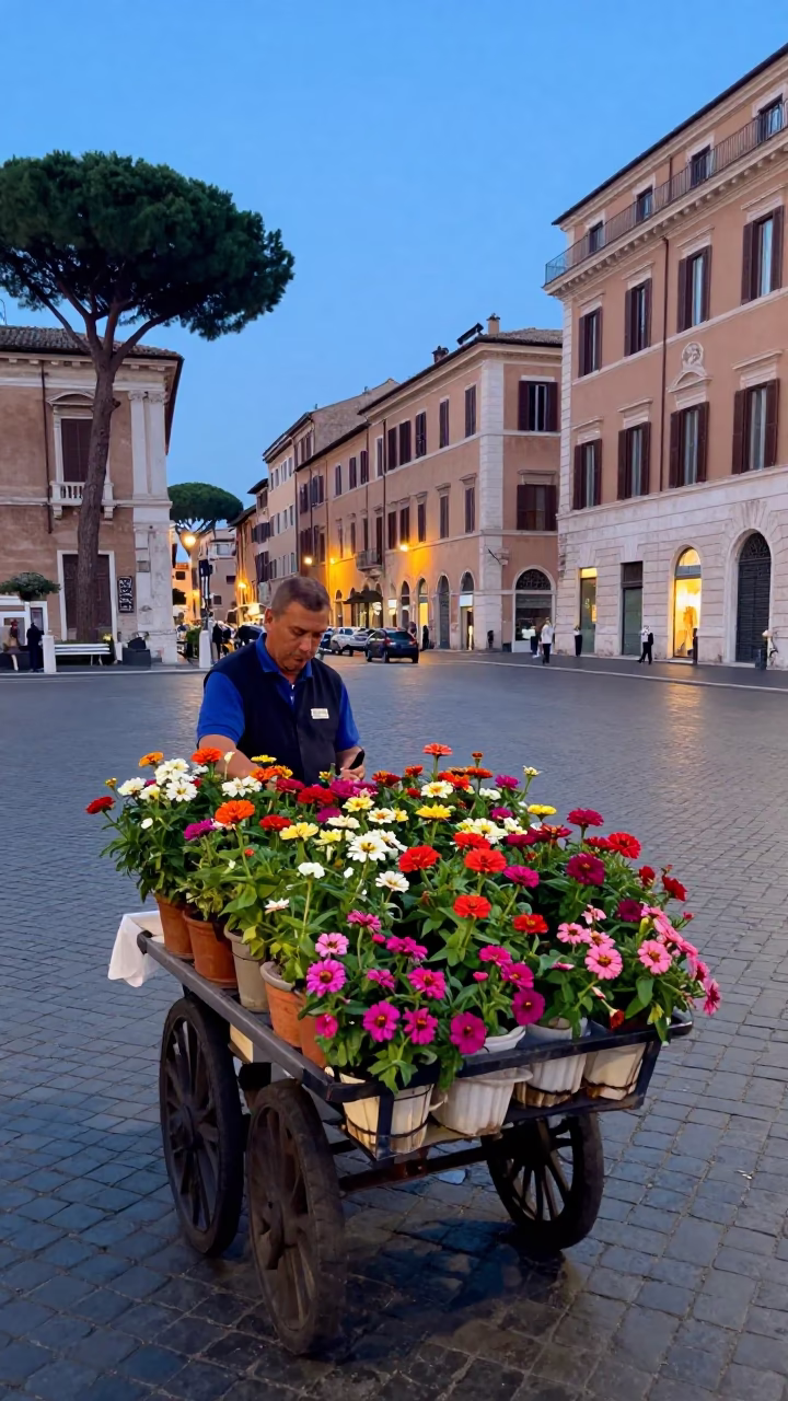 Rome Italy Nautical Dawn Street Scene with Zinnias and Local Life in in Rome, Italy